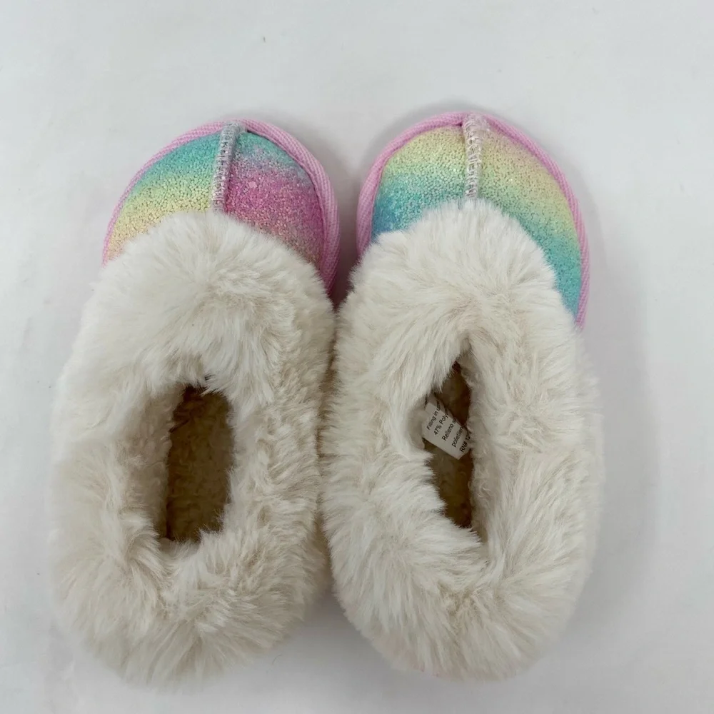 Toddler Girls Rainbow Glitter Slippers with Faux Fur Size 6